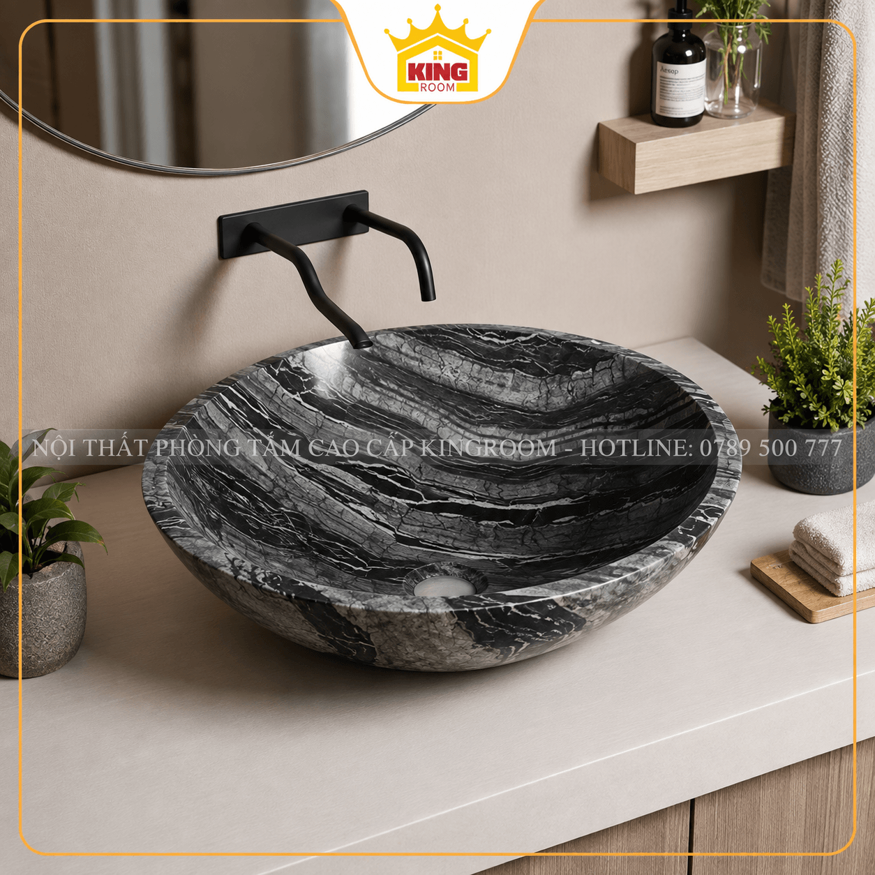Lavabo đá đen vân xám đặt bàn góc nghiêng
