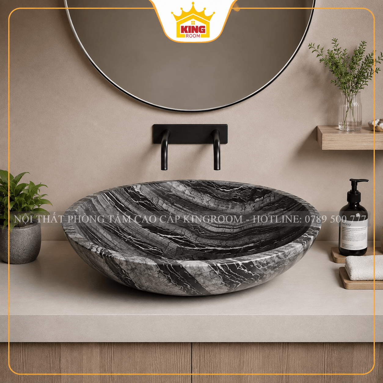 Lavabo đá đen vân xám đặt bàn nhìn chính diện