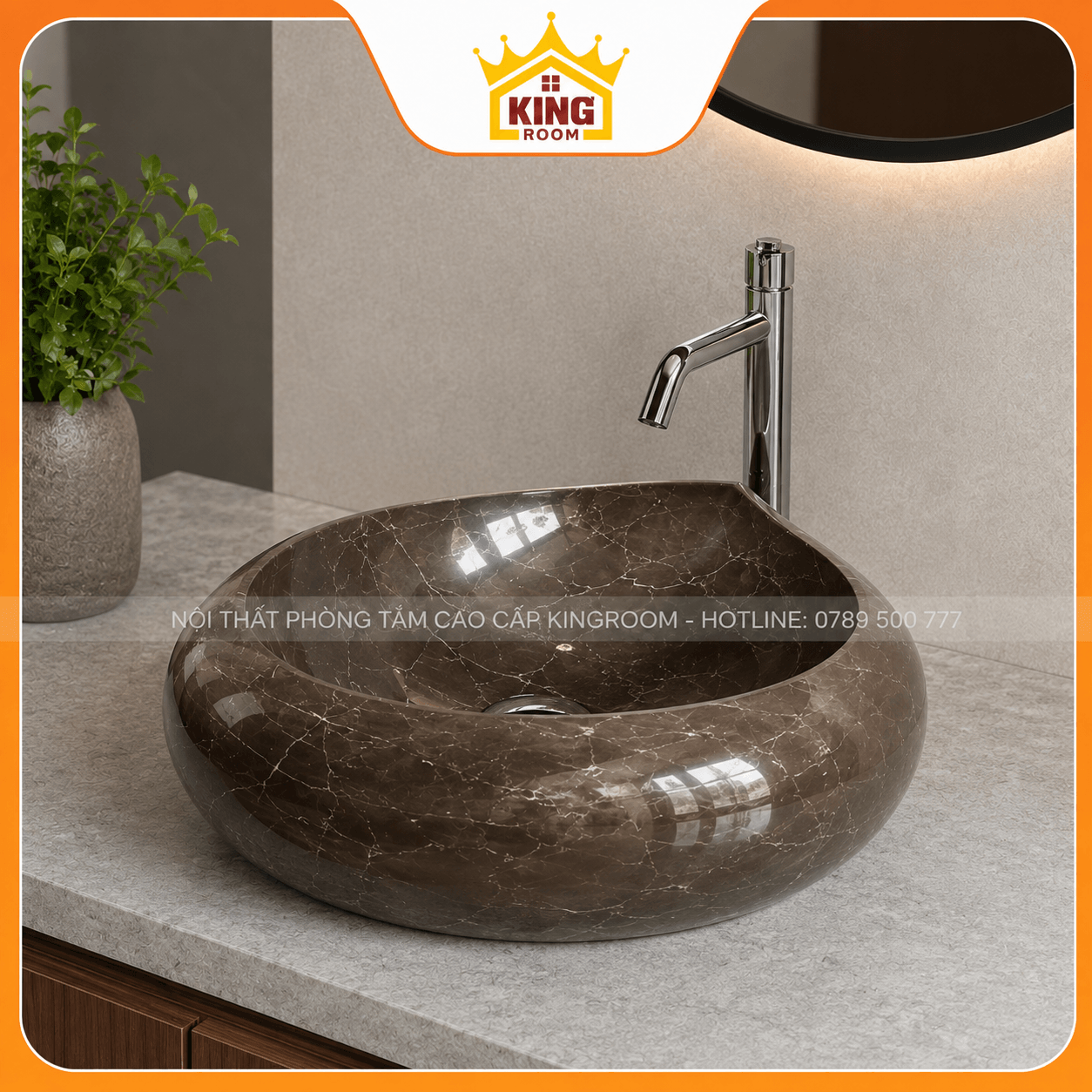 Lavabo đá nâu vân trắng nhìn từ góc 45 độ