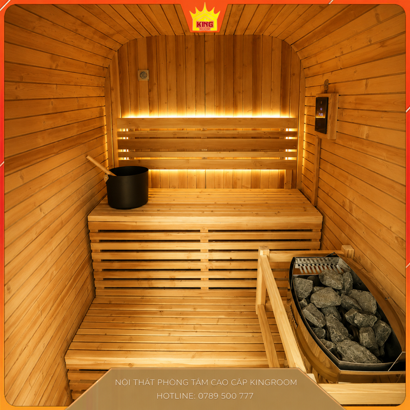 Nội Thất Phòng Xông Hơi Khô KR SN01 Với Ghế Gỗ Và Lò Sauna đá
