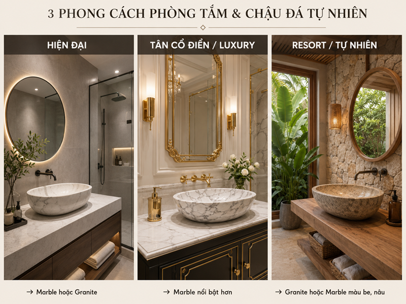 Phong cách phòng tắm phù hợp với lavabo Marble và Granite