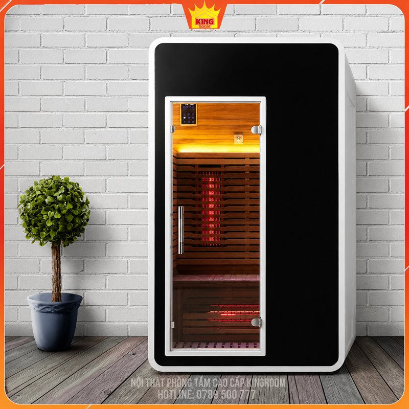 Phòng xông hơi hồng ngoại gia đình thiết kế cabin hiện đại màu đen trắng