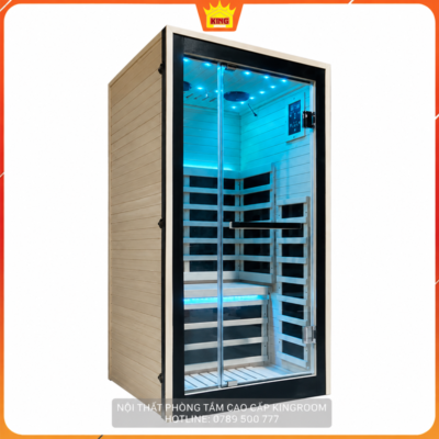 Phòng xông hơi hồng ngoại toàn phổ 1 người nhìn góc nghiêng với đèn LED xanh
