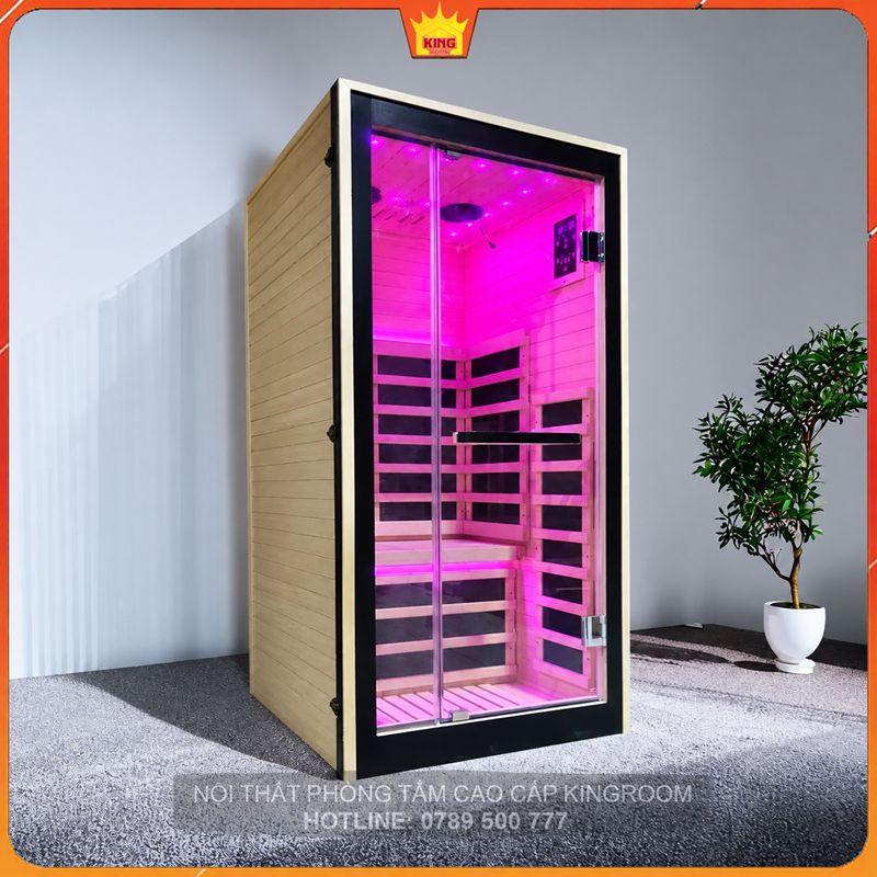 Phòng xông hồng ngoại 1 người với hệ đèn 7 màu và cửa kính cường lực