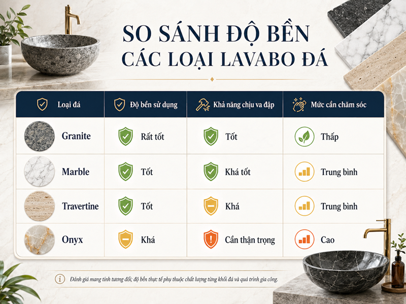 So sánh độ bền lavabo đá Granite Marble Travertine Onyx