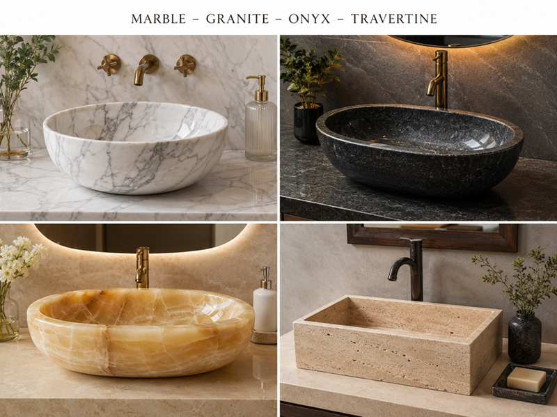 So sánh lavabo đá tự nhiên Marble Granite Onyx và Travertine