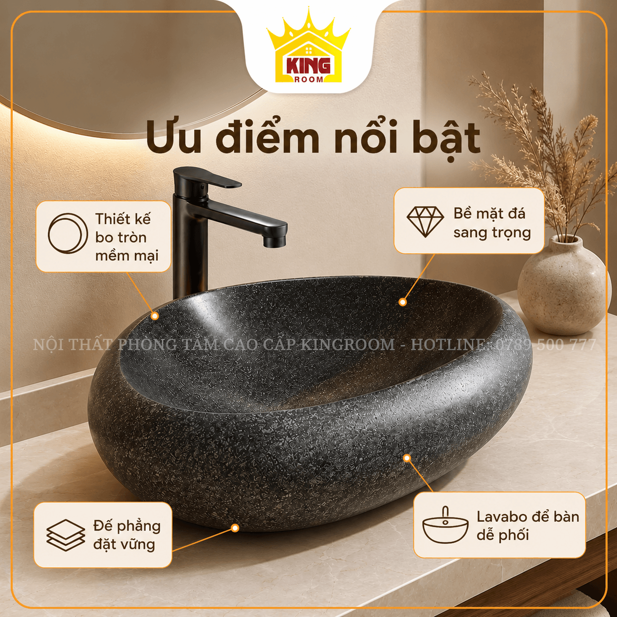Ưu điểm Lavabo đá Granite đen vân hạt xám GRK02