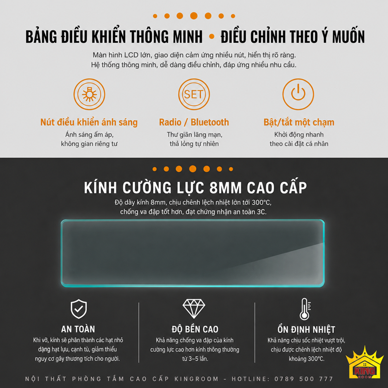 Bảng điều khiển thông minh và kính cường lực 8mm phòng xông hơi