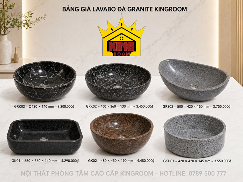 Bảng giá lavabo đá Granite Kingroom theo mẫu và kích thước