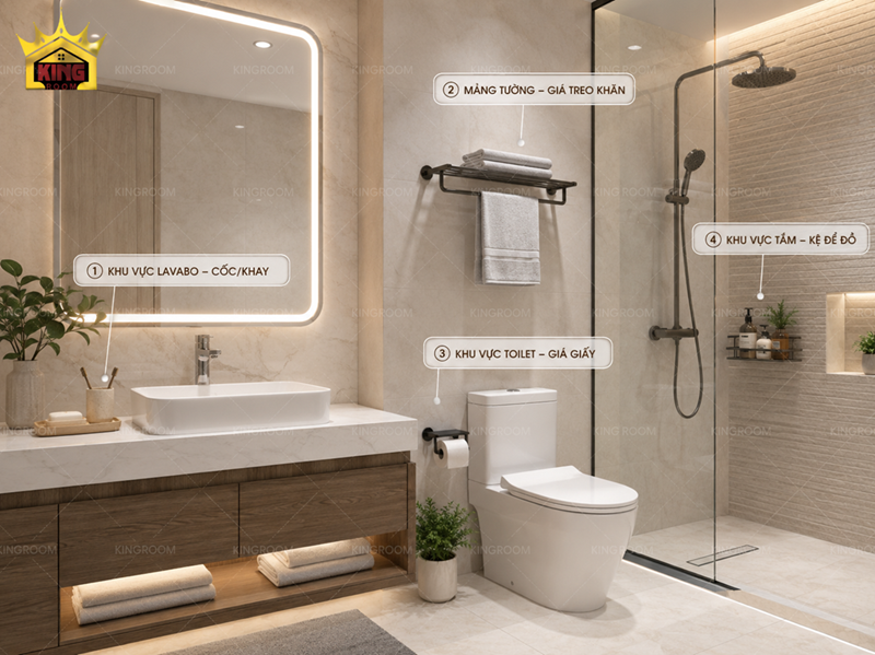 Cách bố trí bộ phụ kiện nhà tắm tại lavabo, khu treo khăn và toilet