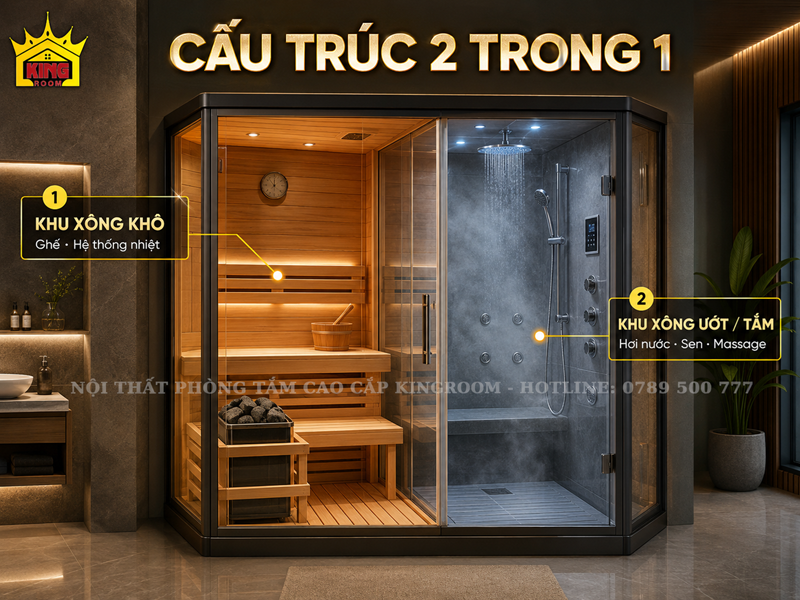 Cấu trúc khu xông khô và khu xông ướt trong cabin kết hợp