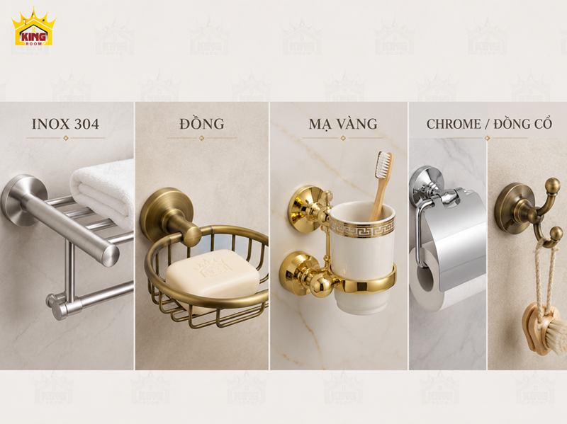 So sánh bộ phụ kiện nhà tắm inox 304, đồng, mạ vàng và Chrome