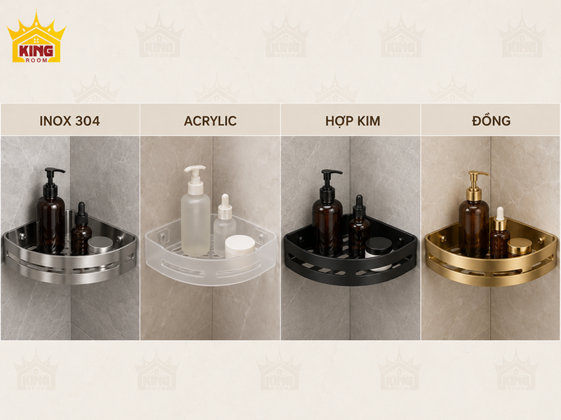 So sánh chất liệu kệ góc nhà tắm inox acrylic hợp kim và đồng