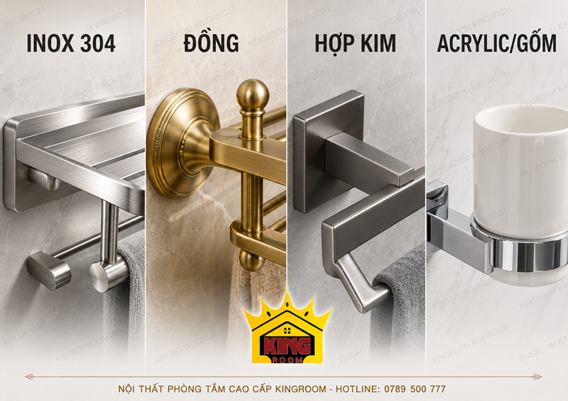 So sánh chất liệu phụ kiện nhà tắm inox 304 đồng hợp kim và Acrylic