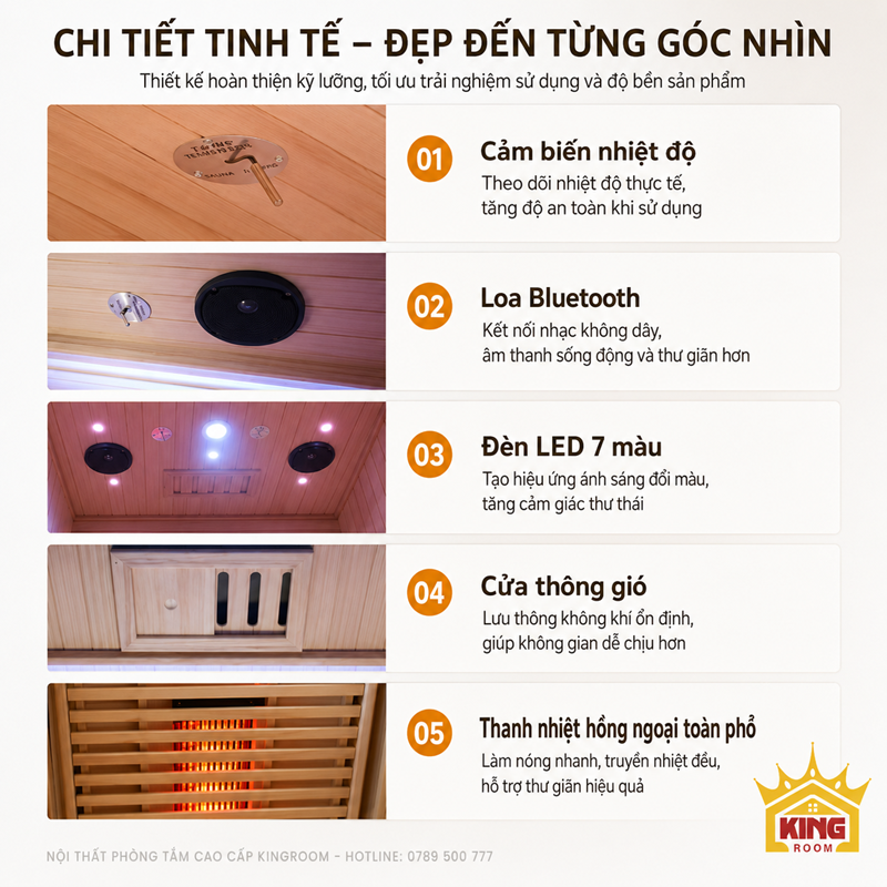 Chi tiết cảm biến, loa Bluetooth, đèn LED và cửa thông gió phòng xông hơi