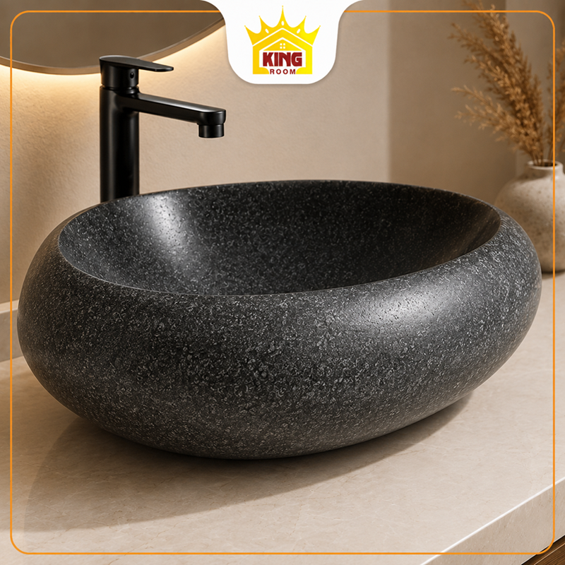 Chi tiết lavabo đá Granite đen vân hạt xám GRK02