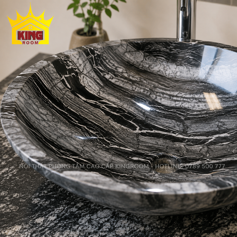 Chi tiết vân đen trắng trên lavabo đá Granite xám GRS02