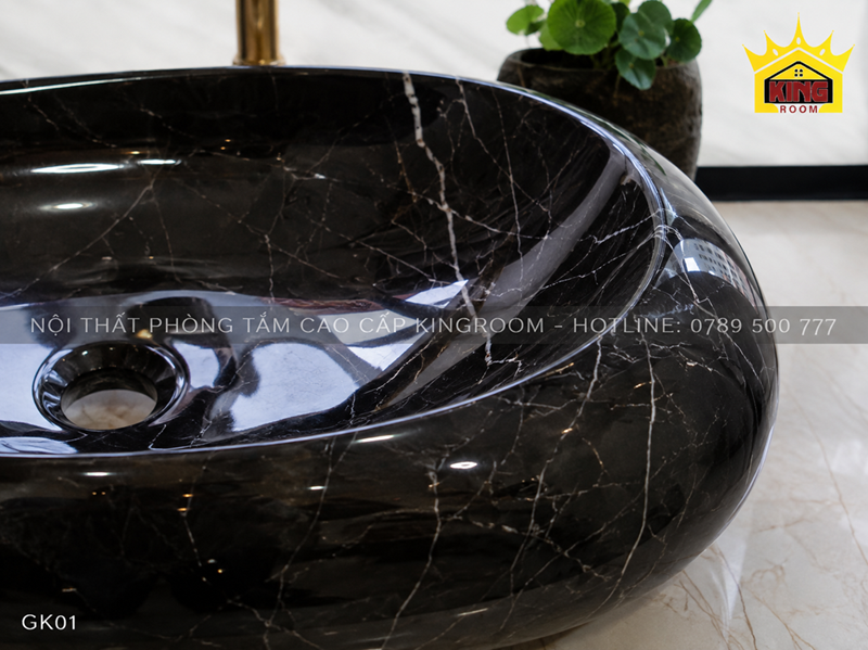 Chi tiết vân trắng trên lavabo Granite đen GK01
