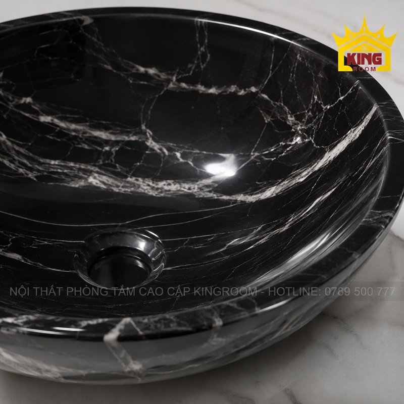 Chi tiết vân trắng trên lavabo đá Granite đen GRS01