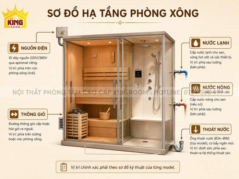 Hạ tầng điện nước và thoát nước cho phòng xông hơi khô ướt