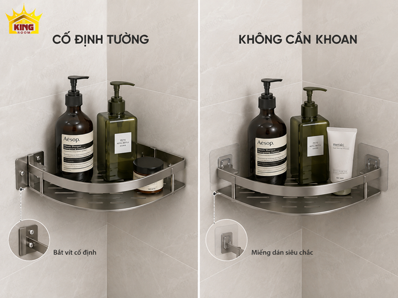 So sánh kệ góc nhà tắm khoan tường và không cần khoan