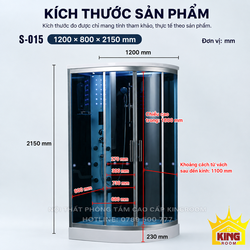 Kích thước cabin tắm xông hơi gia đình S-015 1200x800x2150 mm