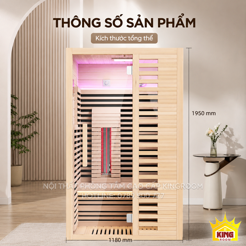 Kích thước phòng xông hơi hồng ngoại rộng 1180 mm cao 1950 mm