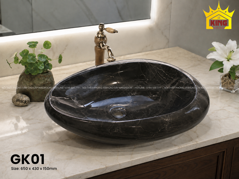 Lavabo đá Granite đen vân trắng hình giọt nước GK01