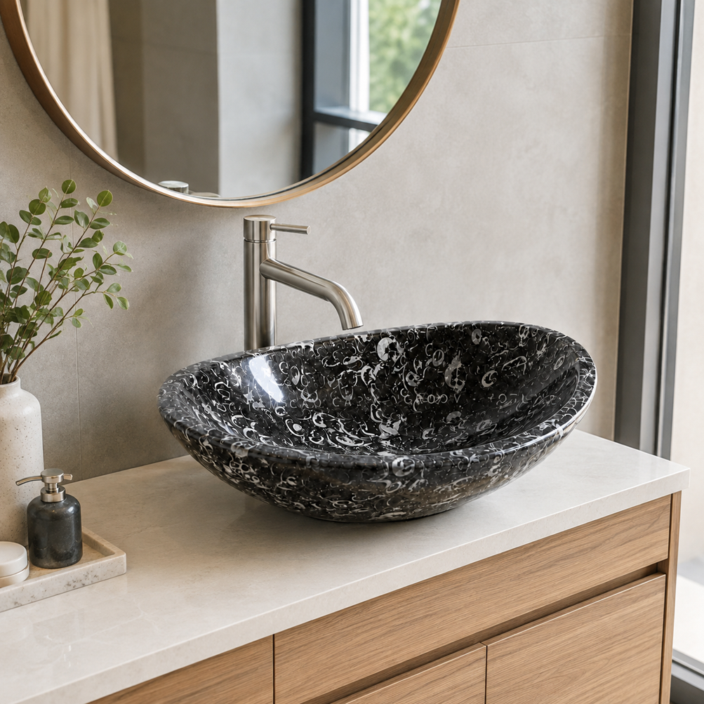 Lavabo đá Granite GR01 600x400 phối tủ gỗ