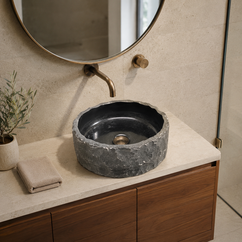 Lavabo đá Granite GRK03 phối tủ lavabo gỗ và vòi đồng