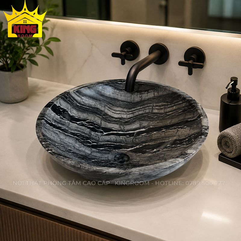 Lavabo đá Granite xám tròn vân đen trắng GRS02 phối cảnh phòng tắm