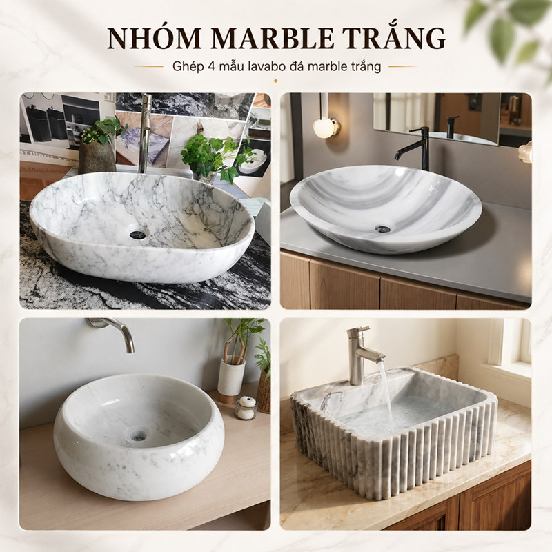 Lavabo đá Marble trắng vân mây Kingroom