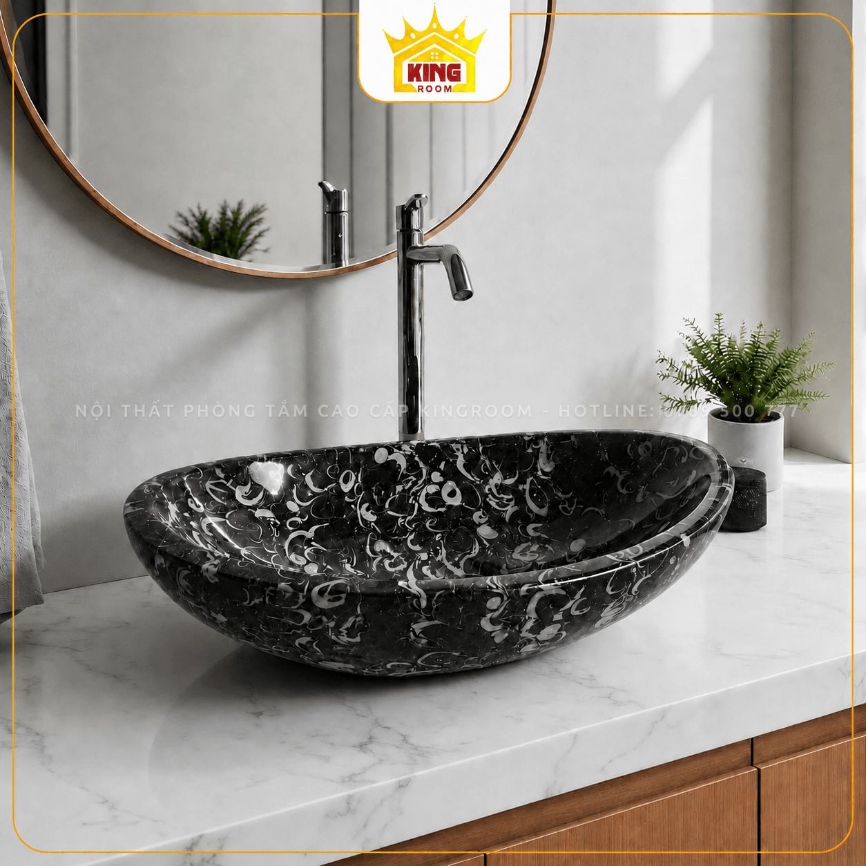 Lavabo đá Granite GR01 phối gương tròn phòng tắm