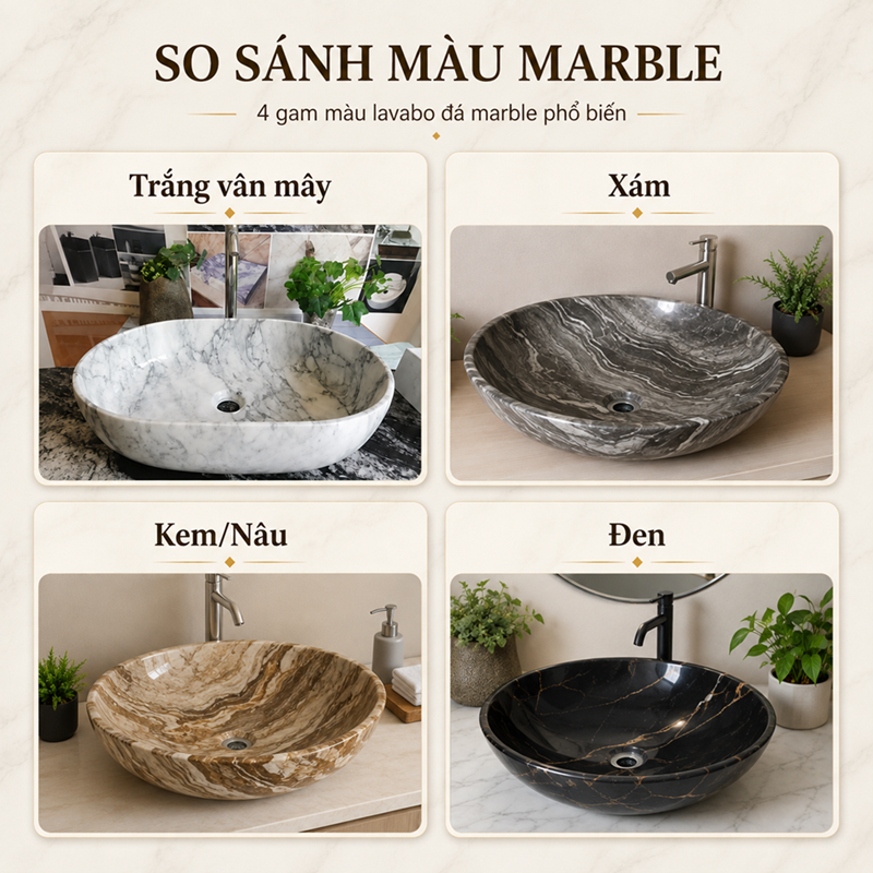 Các màu lavabo đá Marble trắng xám kem nâu đen
