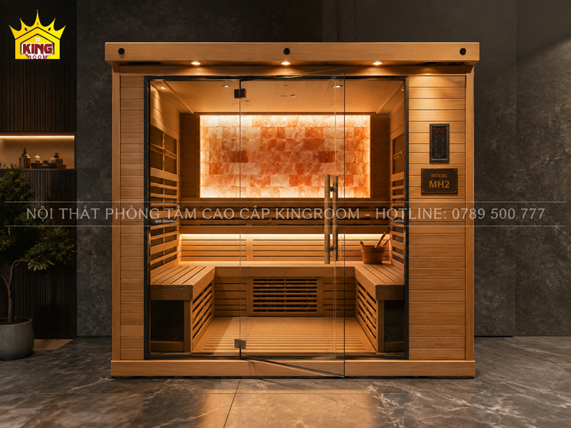 Phòng xông hơi đá muối MH2 với thiết kế gỗ và cửa kính