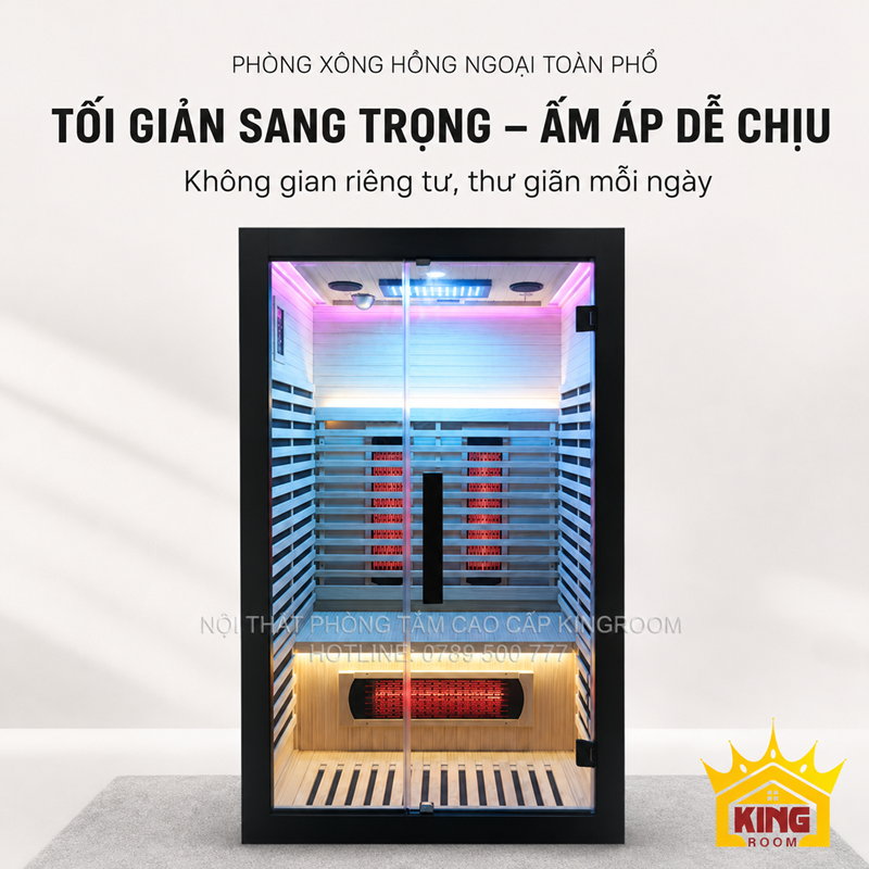 Toàn cảnh phòng xông hơi hồng ngoại toàn phổ khung đen cửa trượt