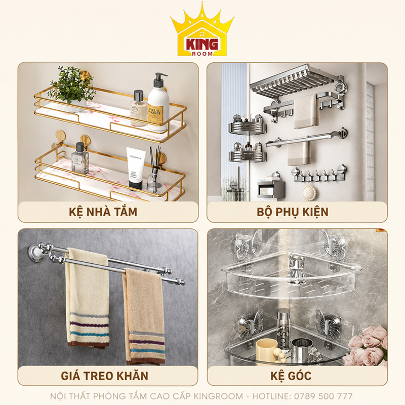 Phụ kiện nhà tắm gồm kệ, bộ phụ kiện, giá treo khăn và kệ góc tại Kingroom