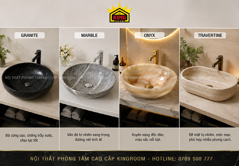 So sánh lavabo đá Granite Marble Onyx và Travertin