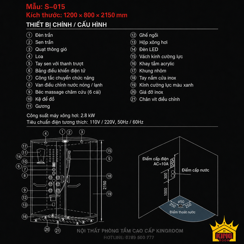 Thông số cabin tắm xông hơi gia đình S-015 1200x800 mm