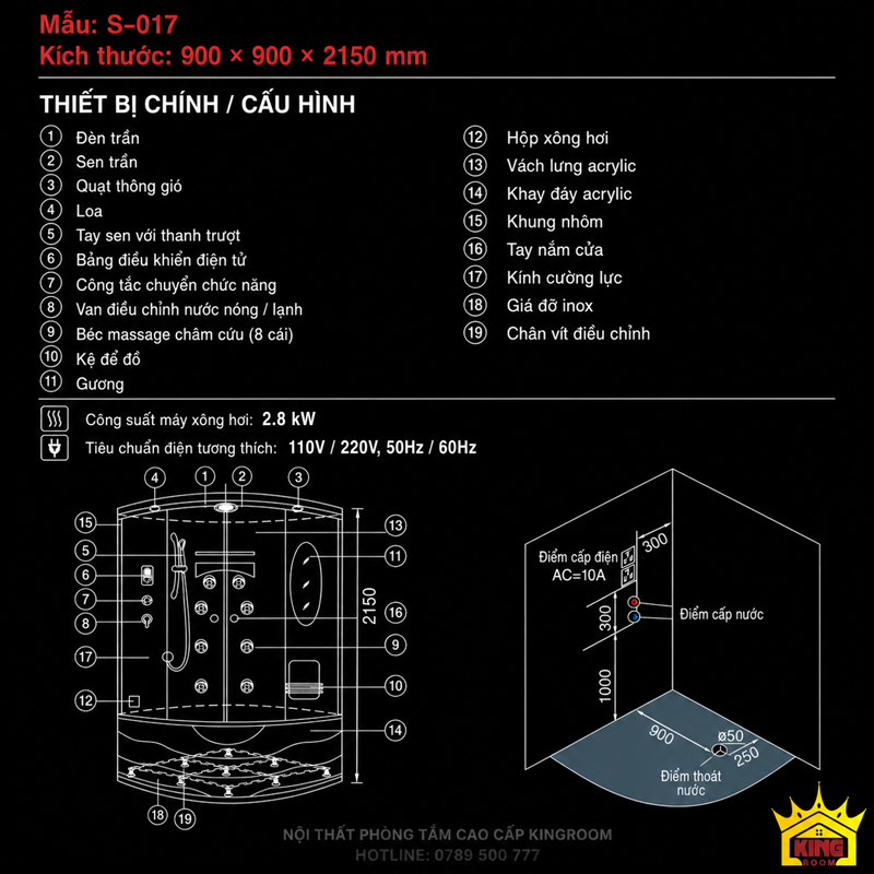 Thông số cabin xông hơi gia đình S-017 kích thước 900x900 mm