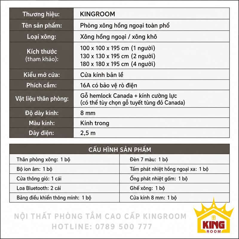 Thông số phòng xông hơi hồng ngoại gia đình 1 đến 4 người