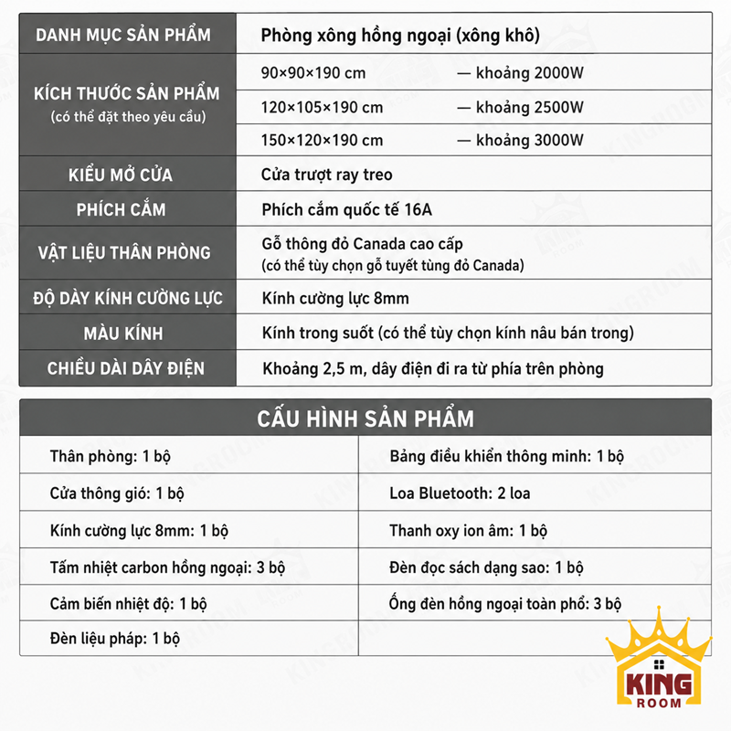 Thông số kỹ thuật phòng xông hơi hồng ngoại toàn phổ khung đen