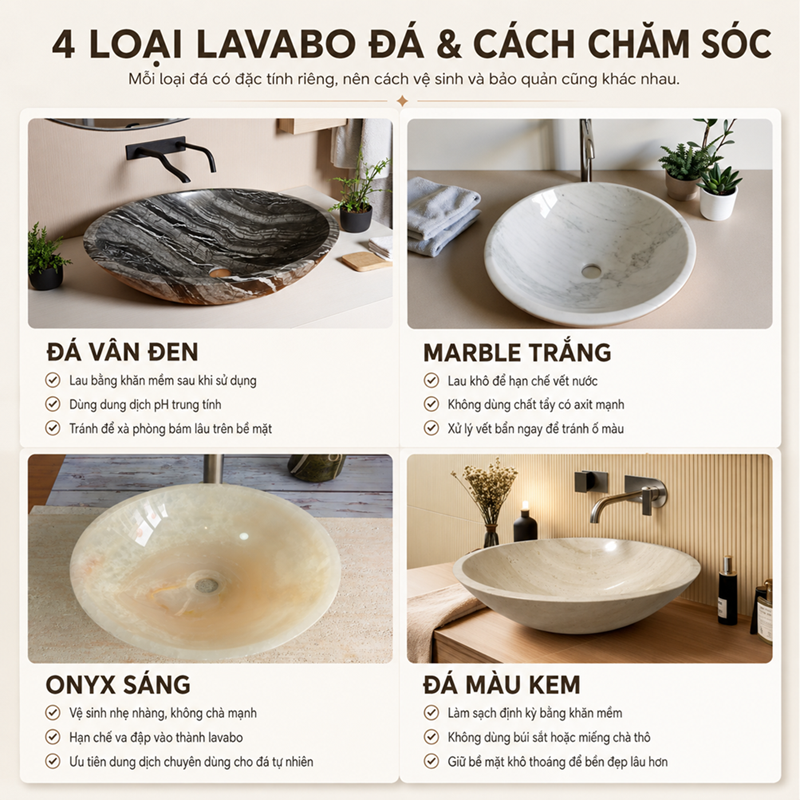 Cách vệ sinh lavabo Marble Onyx Travertine Granite