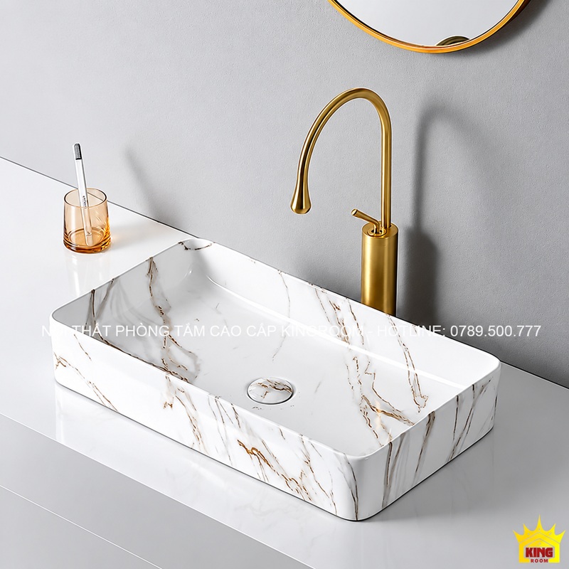 Lavabo đặt nổi trên mặt bàn, bề mặt vân trang trí