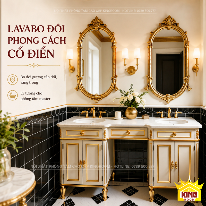 Bộ đôi Gương Oval Milano khung vàng cho lavabo đôi