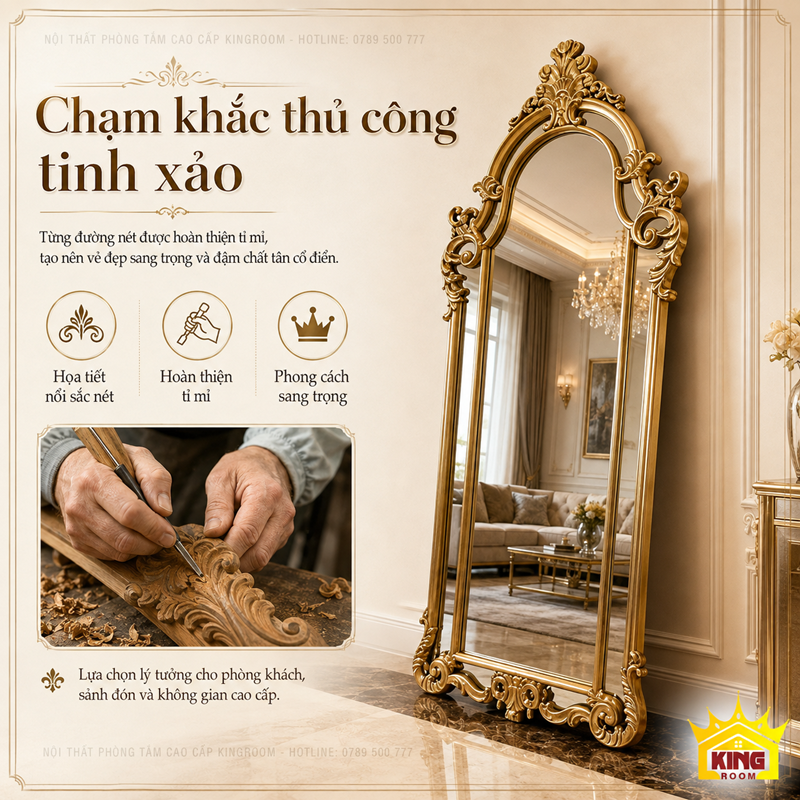 Chạm khắc khung gỗ gương cổ điển toàn thân GCT07