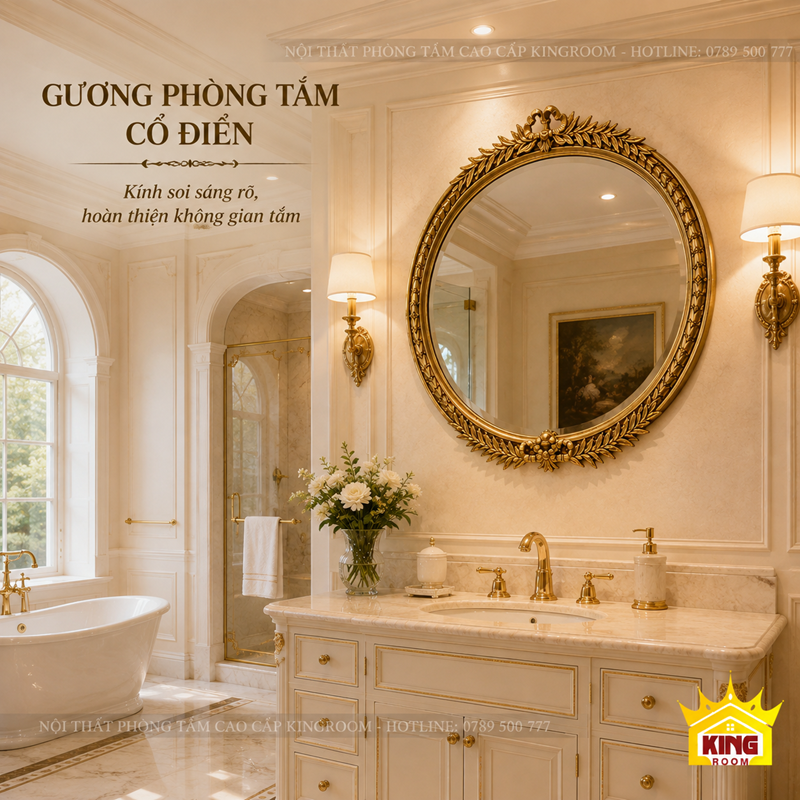 Chi tiết Gương Cổ Điển Phòng Tắm Oval Ngang GON01 nhìn từ góc nghiêng