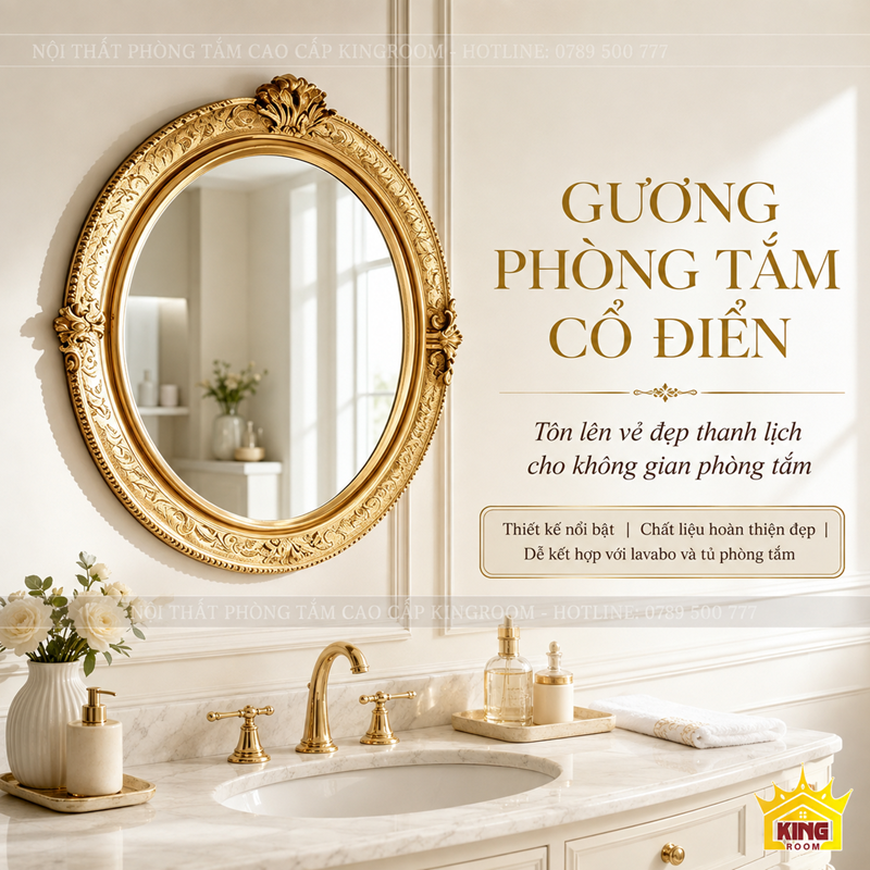 Chi tiết Gương Tròn Cổ Điển Khung Vàng GTC01 trong phòng tắm tân cổ điển