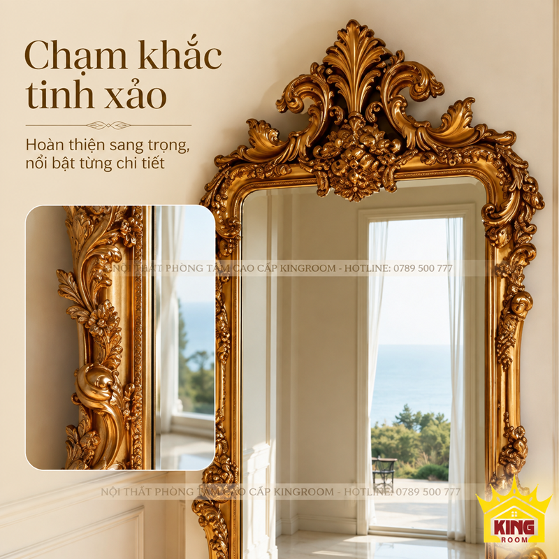 Chi tiết hoa văn chạm khắc trên gương cổ điển toàn thân GCT08