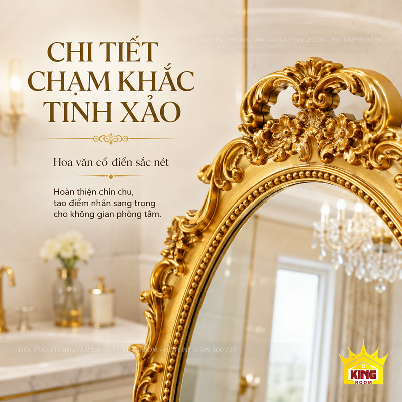 Chi tiết hoa văn khung gương cổ điển oval màu vàng